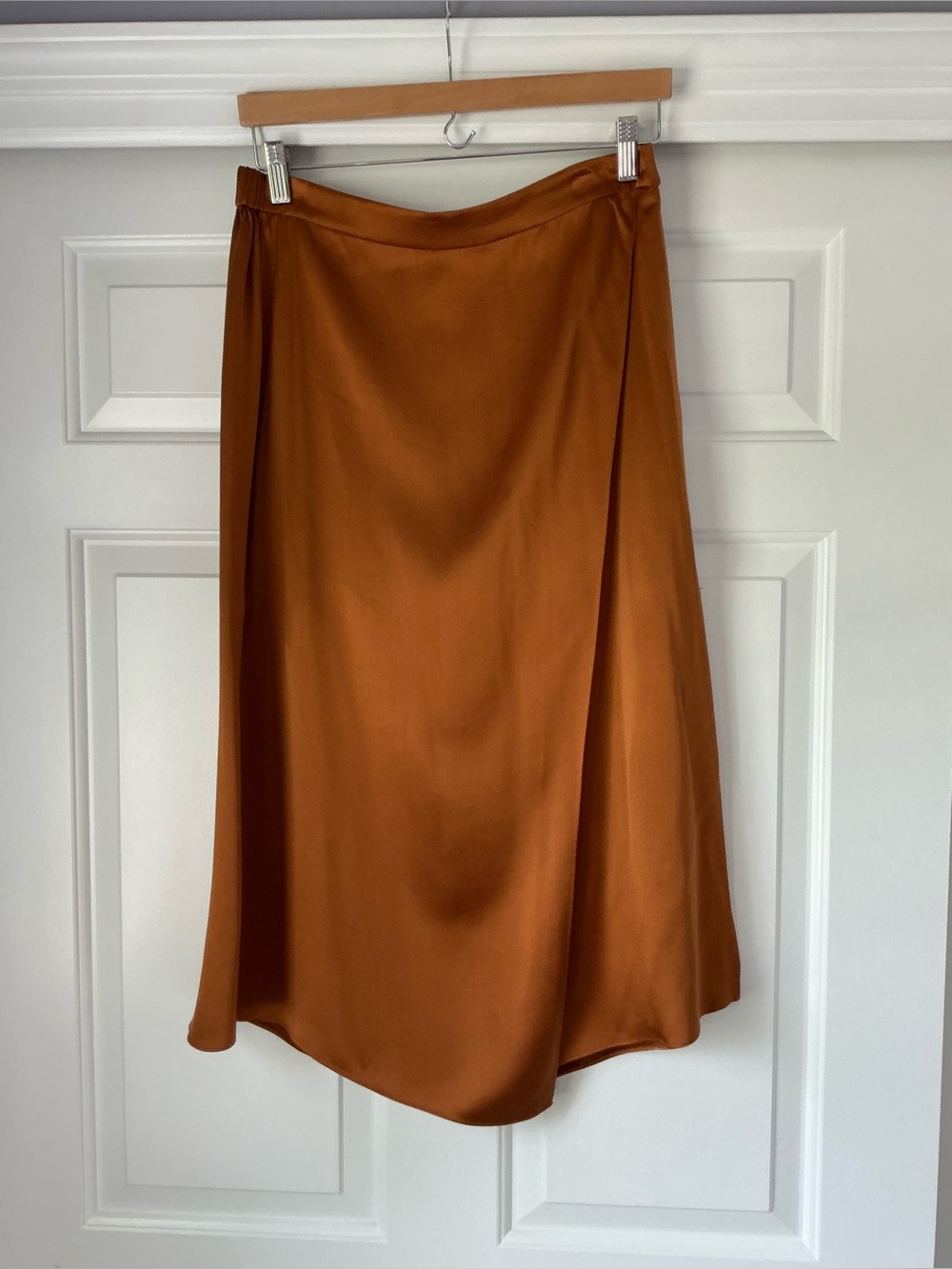 Vince Drape Panel Silk Satin Midi Split Side Skirt in Rust Orange L
